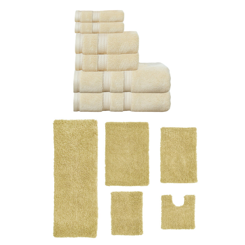 Bruno Collection 100% Soft Cotton 3 Pc Towel Set & 3 Pc Bath Rug Set, (Set of 6), Yellow