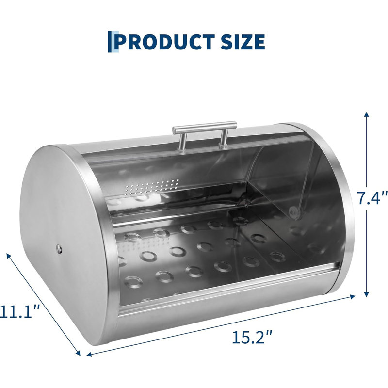 Stainless Steel Bread Box with Roll-Top Lid, Transparent