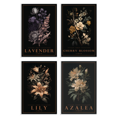 Ensemble de 4 plaques murales antiques à fleurs botaniques variées, design par Chris Giampietro