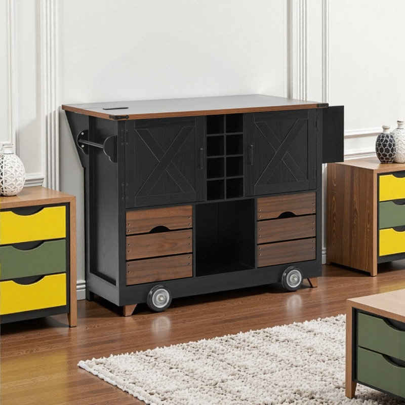 54" Wide Engineered Wood Rolling Kitchen Island With Drop Leaf Power Outlet 2 Doors & 2 Drawers 4 Large Wheels Spice Rack
