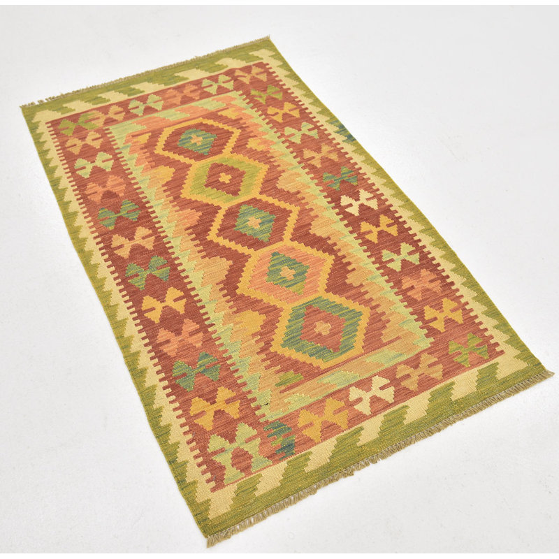 Tapis en laine rouge 2 pi 8 po x 4 pi 5 po one-of-kind à la main-noué la new age Elland