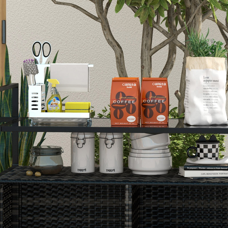 Îlot de cuisine extérieur avec tablette à 2 niveaux et armoire, chariot de service de patio