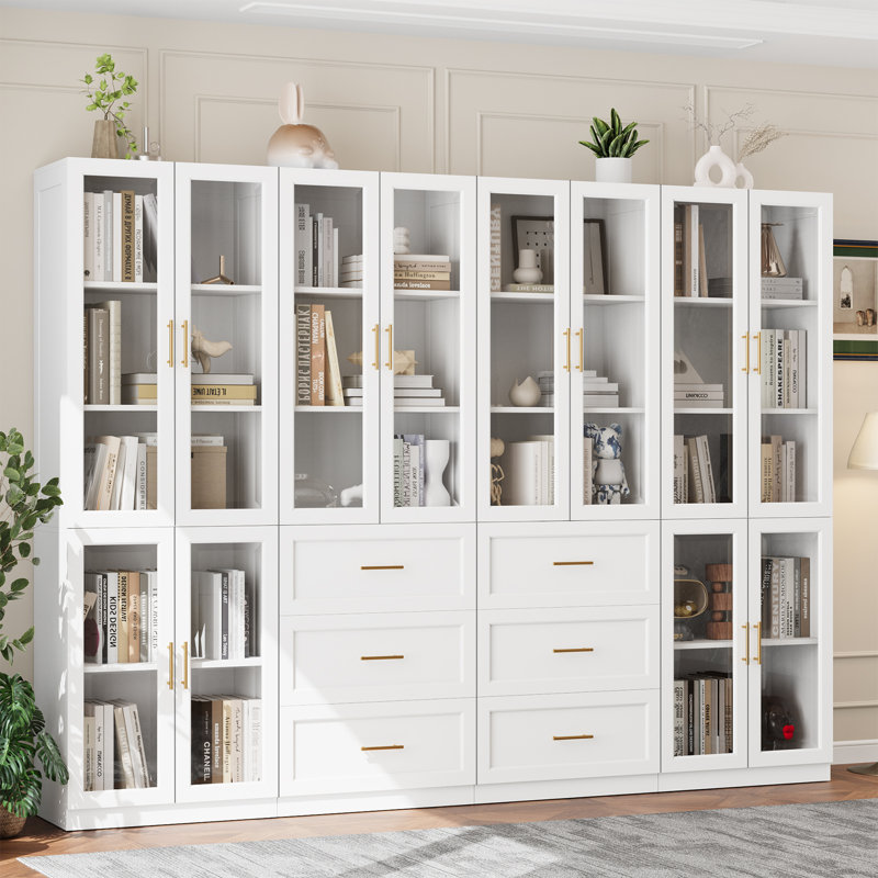 Glass Door Storage Bookcase with Adjustable Shelves and 6 Large Drawers, 71 Inches High, MDF