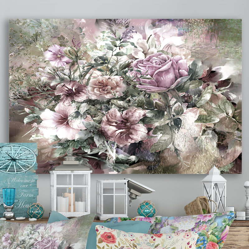 «Grunge Pink Grey Summer Flowers III», reproduction sur toile flottante, H 12 po x l 20 po x P 1 po, Toile tendue