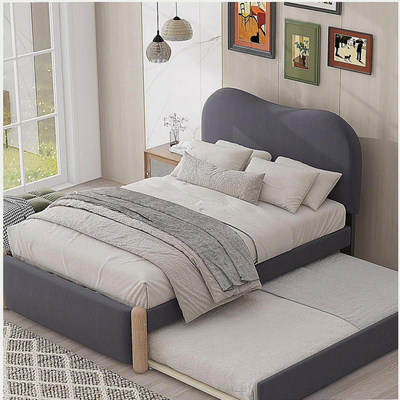 Lit plateforme simple tapissier avec pieds de support en bois et lit gigogne simple, gris