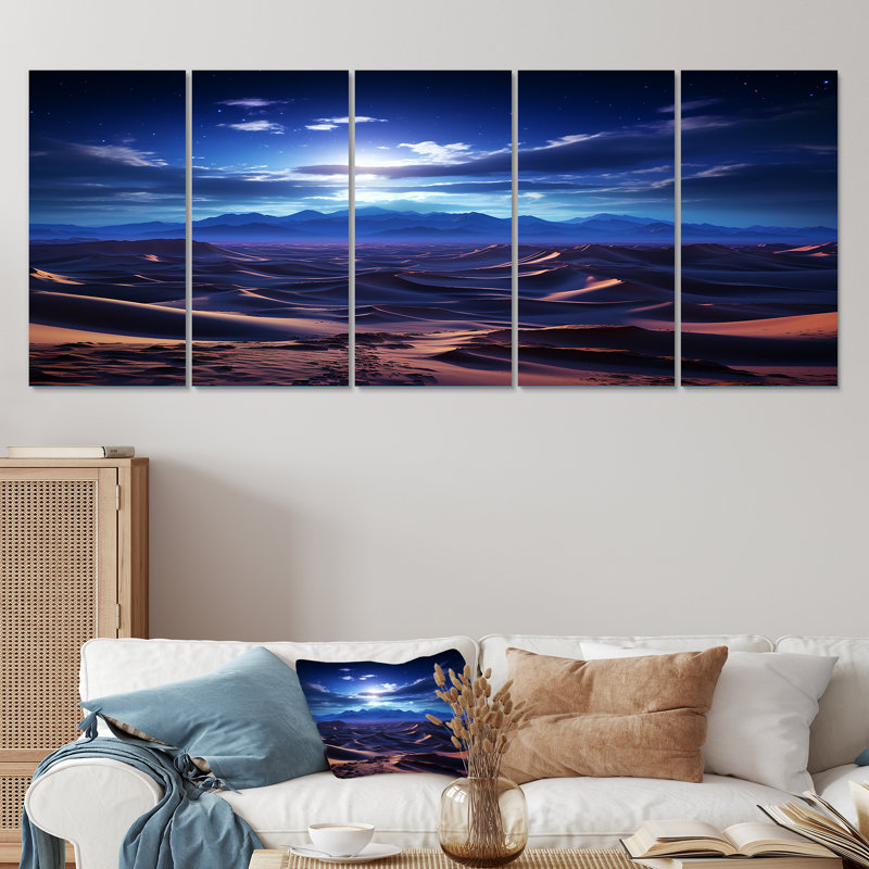 «Blue Nocturnal Desert Dunescape Sunset», ensemble d'art mural 5 pièces, H 28 po x l 60 po