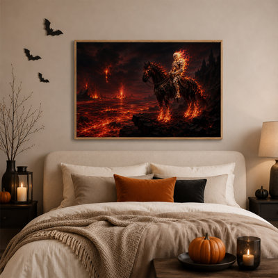 Fiery Skeleton Rider on Black Horse in Volcanic Halloween Canvas Wall Art