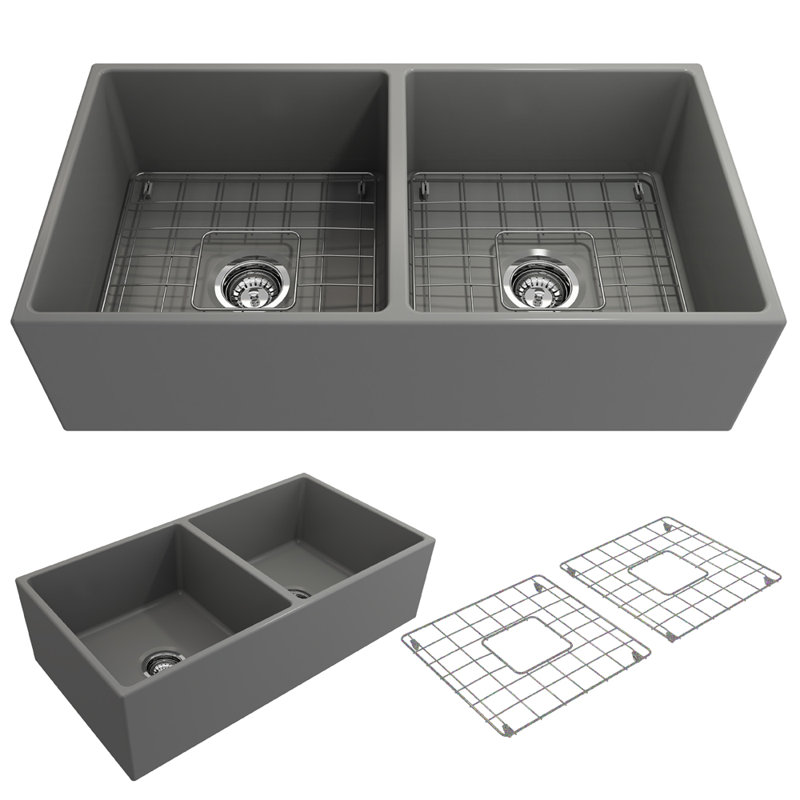 36'' L Double Basin Kitchen Sink, Matte Gray