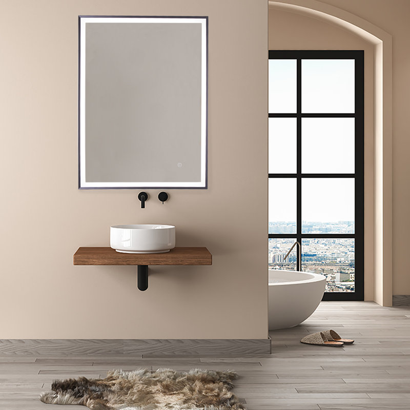 Thekla Lighted Metal Framed Wall Mounted Bathroom Mirror in Black, 60cm H x 80cm W