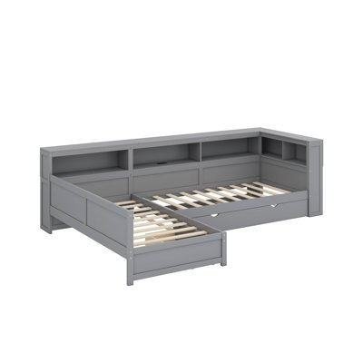 Twin Size L-Shaped Platform Bed With Trundle And A Drawer