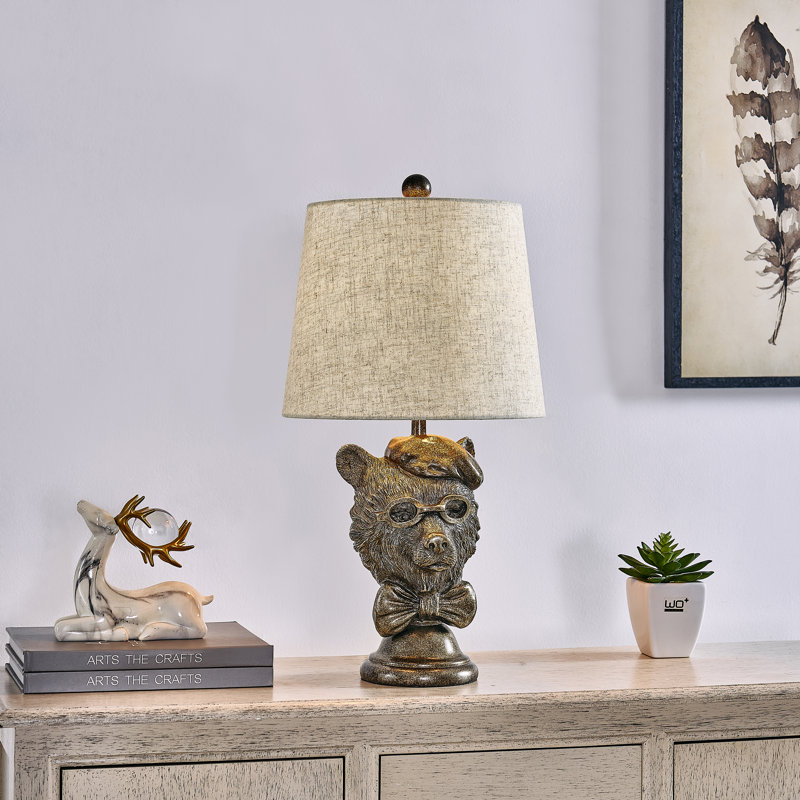 23" Bronze Resin Bear Table Lamp With Glasses And Linen Shade, Tan, Brown