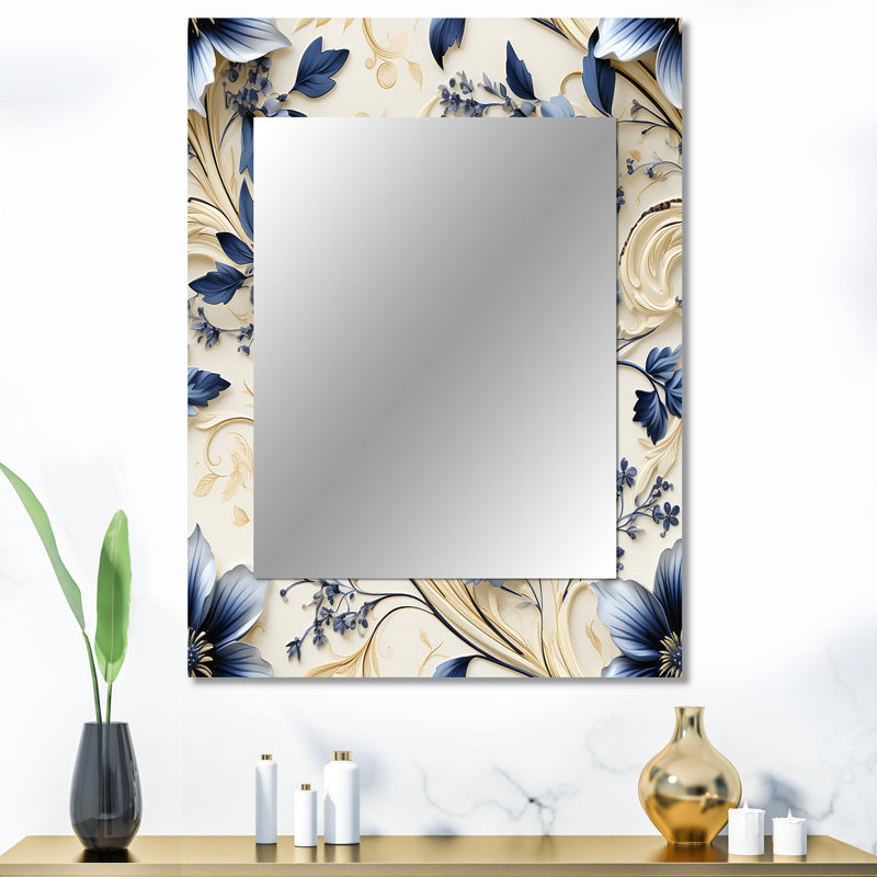 Kirby cobalt bleu filigrane vignes motif victorien - grand miroir floral, chalet, miroir mural décoratif traditionnel, impression d'art en métal