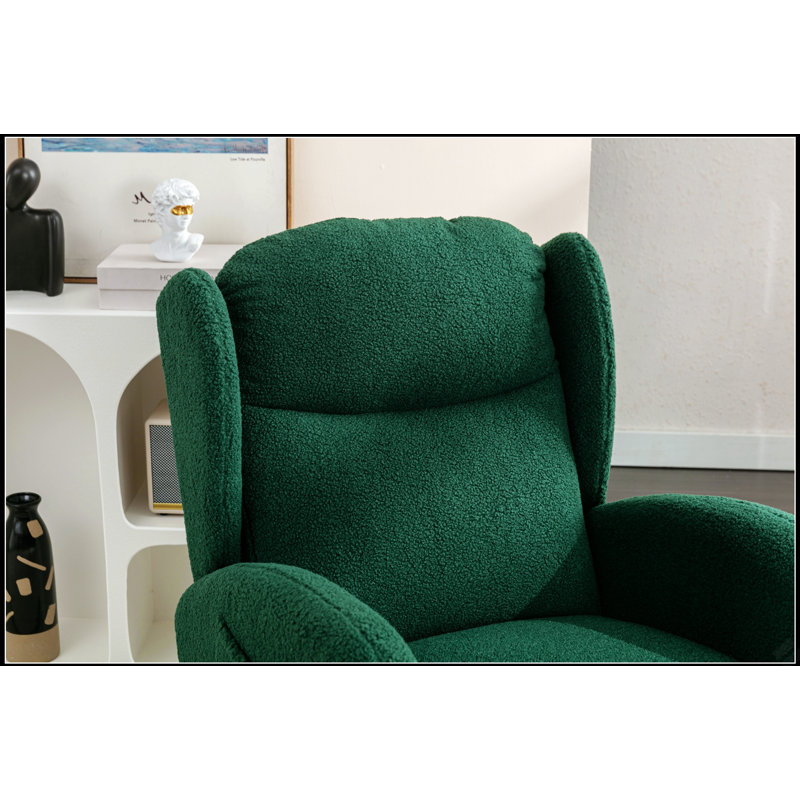 Chaise berçante confortable en tissu Teddy avec pieds en bois emballés, parfaite pour la détente et les intérieurs modernes, vert