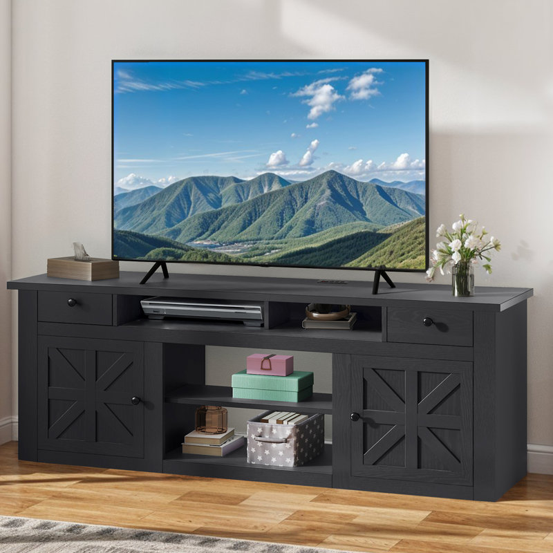 70"W Farmhouse TV Stand for TVs up to 80" with Power Outlet, 25.6" H x 70" W x 15.5" D, Black