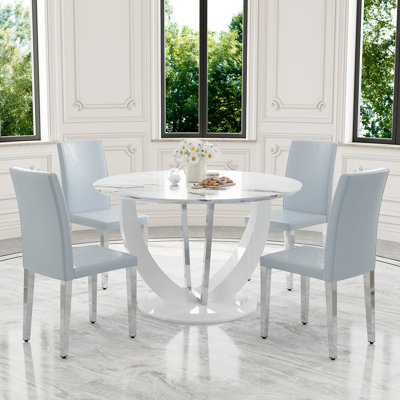 47.2" Round Dining Table Set, Modern Dining Table With High Back Faux Leather Chairs, Kitchen & Dining Room Table Set