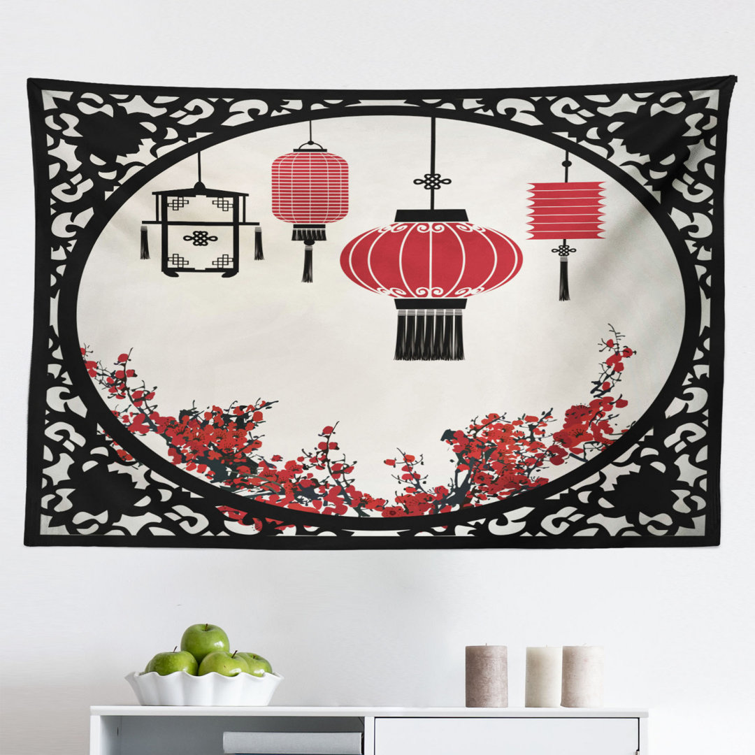 Wandbehang East Folk Art mit japanischen Sakura Kirschblütenbäumen Runde verzierte Grafik