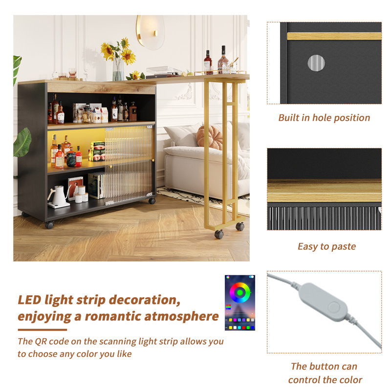 Extendable Bar Table With Storage Cabinet And Led, Black