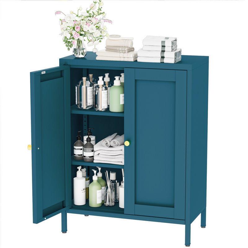  Metal Bathroom Floor Storage Cabinet With 2 Adjustable Shelves And 2 Doors, Blue, Blue