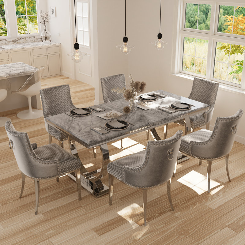 7 Piece Luxury And Modern Silver Dining Table Set With 6 Grey Velvet Dining Chairs, 7  Pieces: Table, 6 Chairs