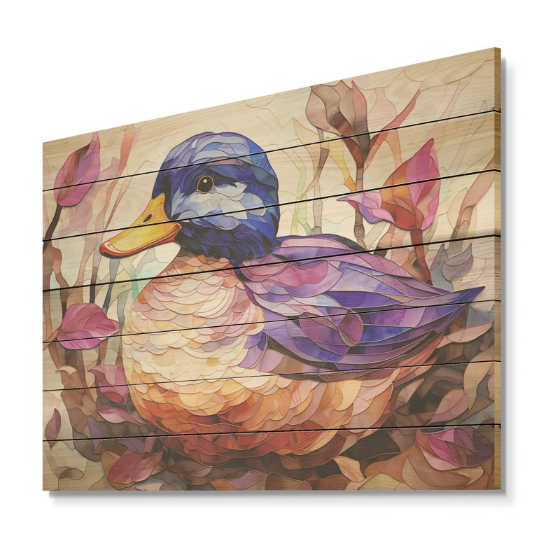Canard beige et mauve dans un pré - animal canard sur bois, H 10 po x l 20 po x P 0,78 po