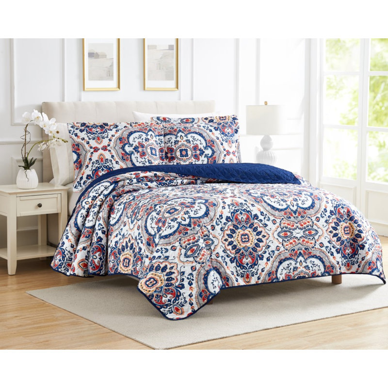  Ensemble de courtepointe réversible 3 pièces à motif cachemire bleu et blanc
