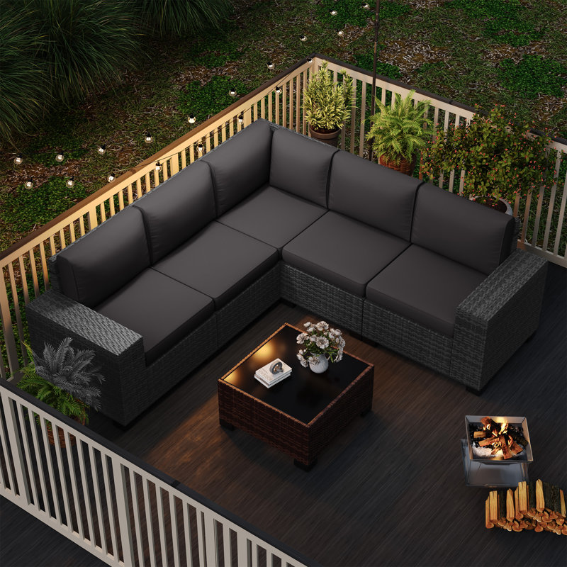 5 - Person Outdoor Rattan Sectional Seating Group With Cushions, Grey, Black