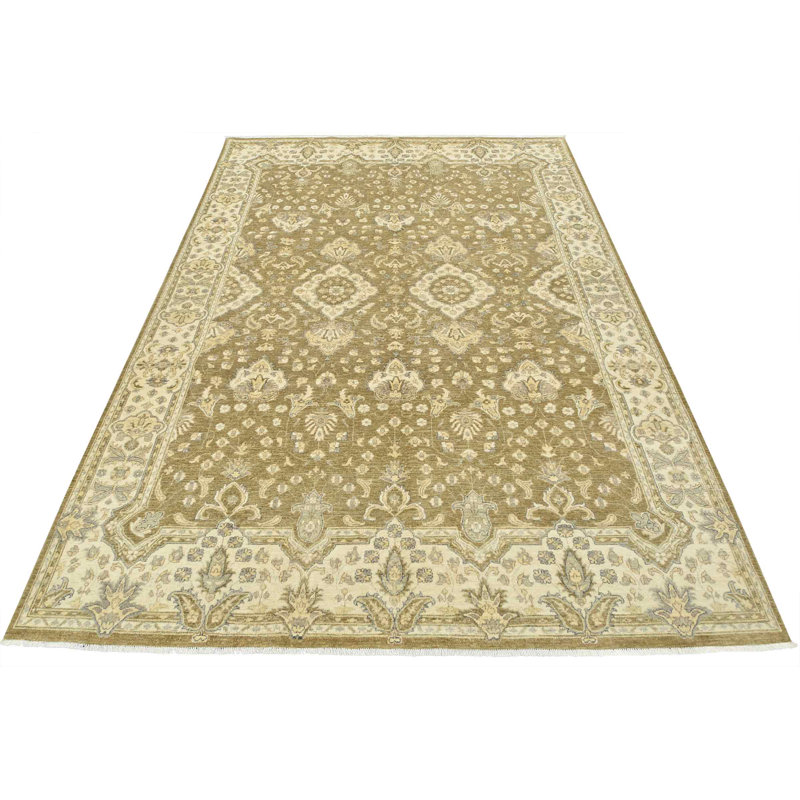 Tapis beige en laine noué à la main de conception unique 9 pi 3 po x 12 pi 2 po