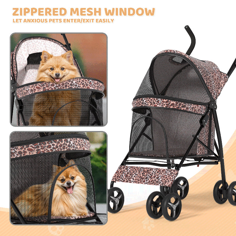 Leopard Print Steel Frame Dog Stroller with Mesh Windows