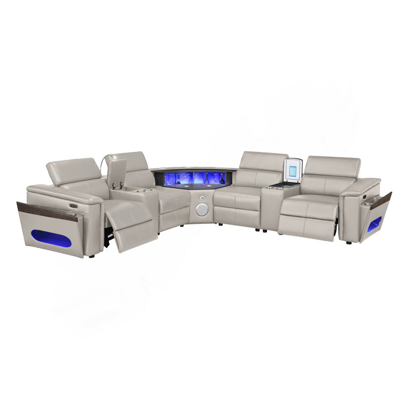 Nova Modern Style Sectional with 1 Console (Reading Light), Wedge with Bluetooth speaker, LED and Lifting wine cabinet - Gray