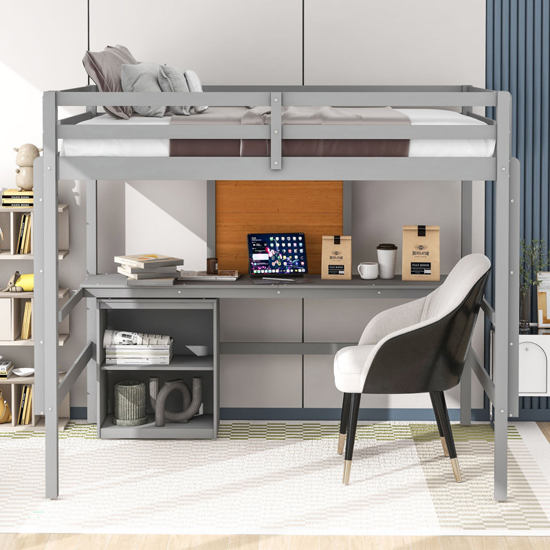 Lit mezzanine avec bureau et tableau d'écriture, lit mezzanine en bois avec bureau et armoire à 2 tiroirs, Gris, Double