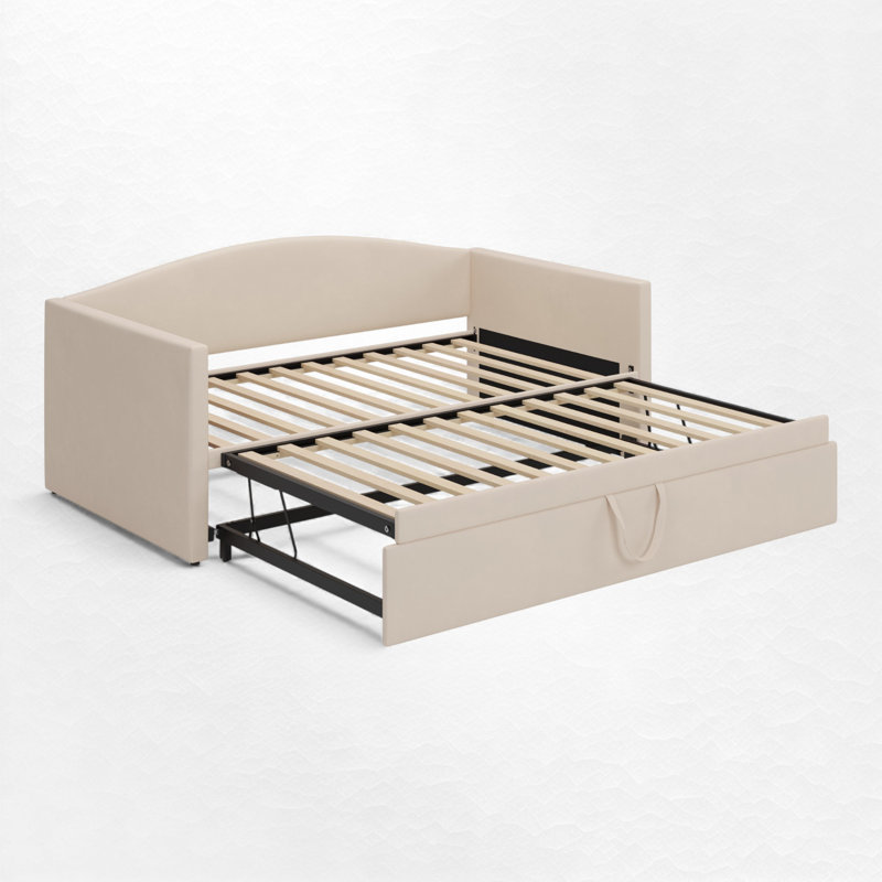 Upholstered Daybed With Trundle – Slat Support, Beige