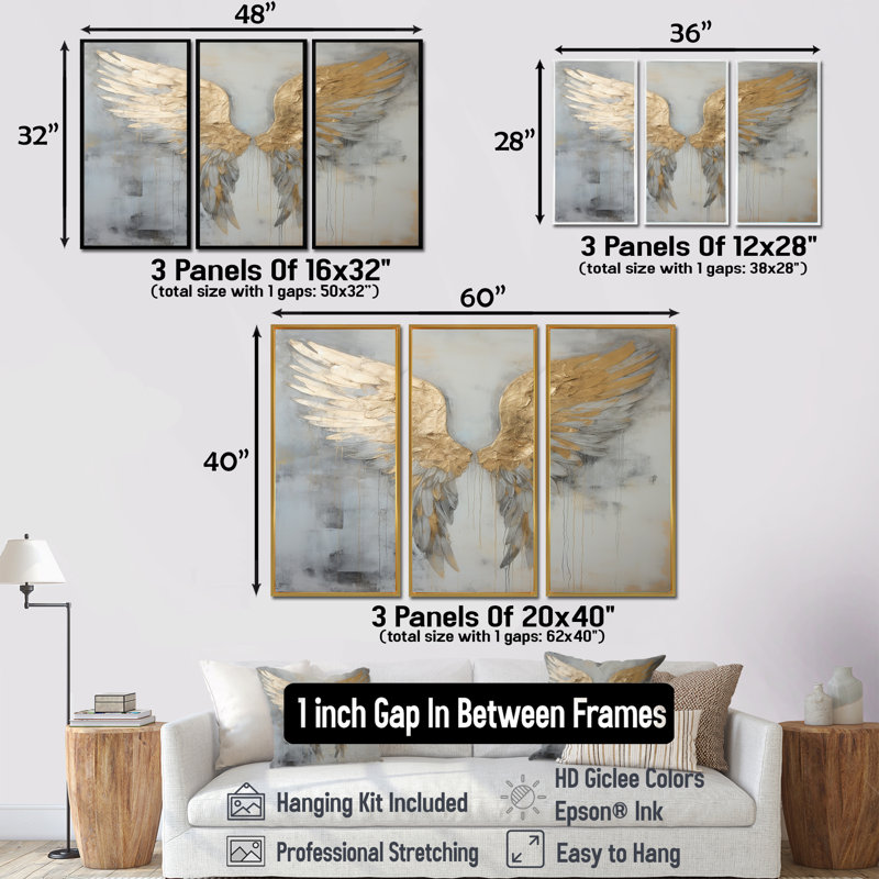 Dicha - Wings Angel Wall Art Decor Set, 28" H x 36" W x 1" D, Brown Floater Framed