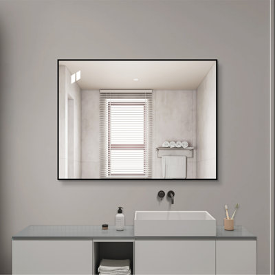 Miroir de salle de bain 24 po x 32 po en aluminium noir, miroir mural argenté sans cuivre HD, miroir de meuble-lavabo suspendu horizontal et vertical pour salle de bain, vestibule et vestiaire