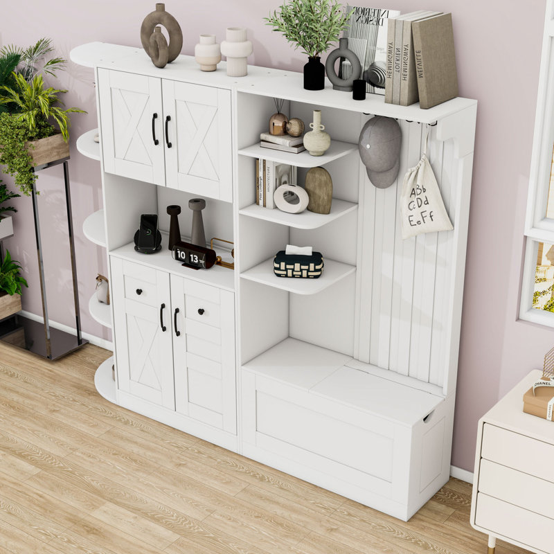 Arbre d'entrée en bois avec 4 crochets, armoire et banc