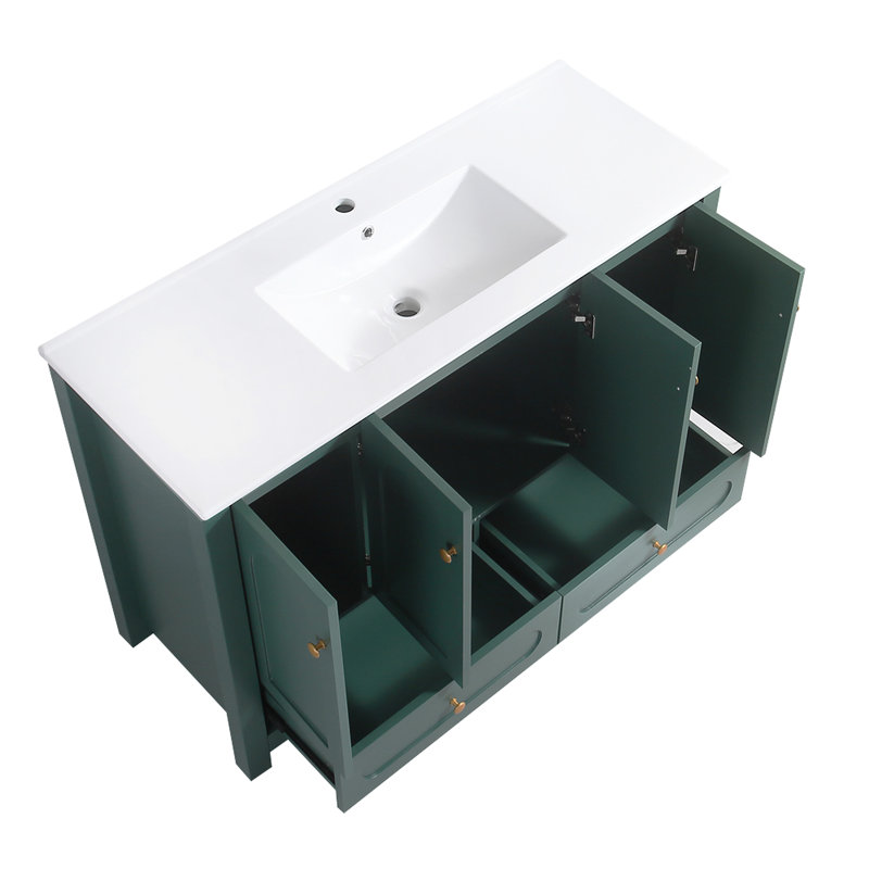Meuble-lavabo 48 po avec lavabo en céramique - Rangement abondant 4 portes à fermeture en douceur et 2 tiroirs en bois massif pour une esthétique contemporaine et un design intérieur gracieux