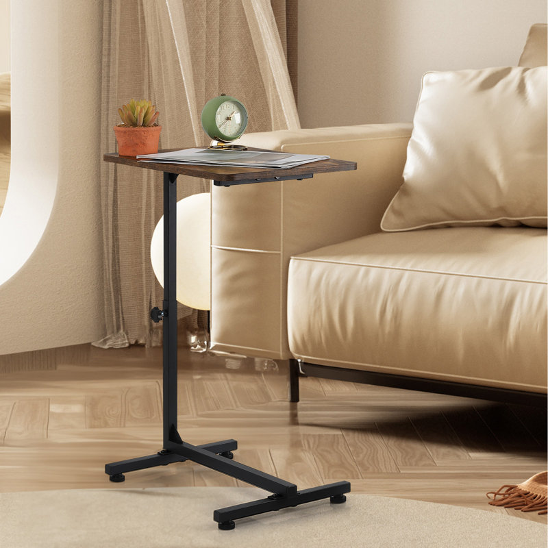 Table d'appoint à hauteur ajustable en forme de C, plateau en bois brun rustique
