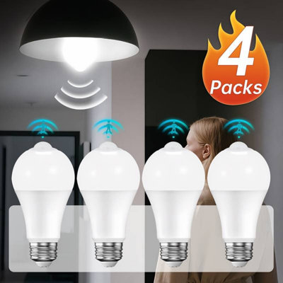 A19 Dusk to Dawn LED Light Bulbs, 9W 800LM 5000K Daylight, Infrared Motion Sensor, E26 Base Non-Dimmable Plastic Light Bulbs, 4 Pack