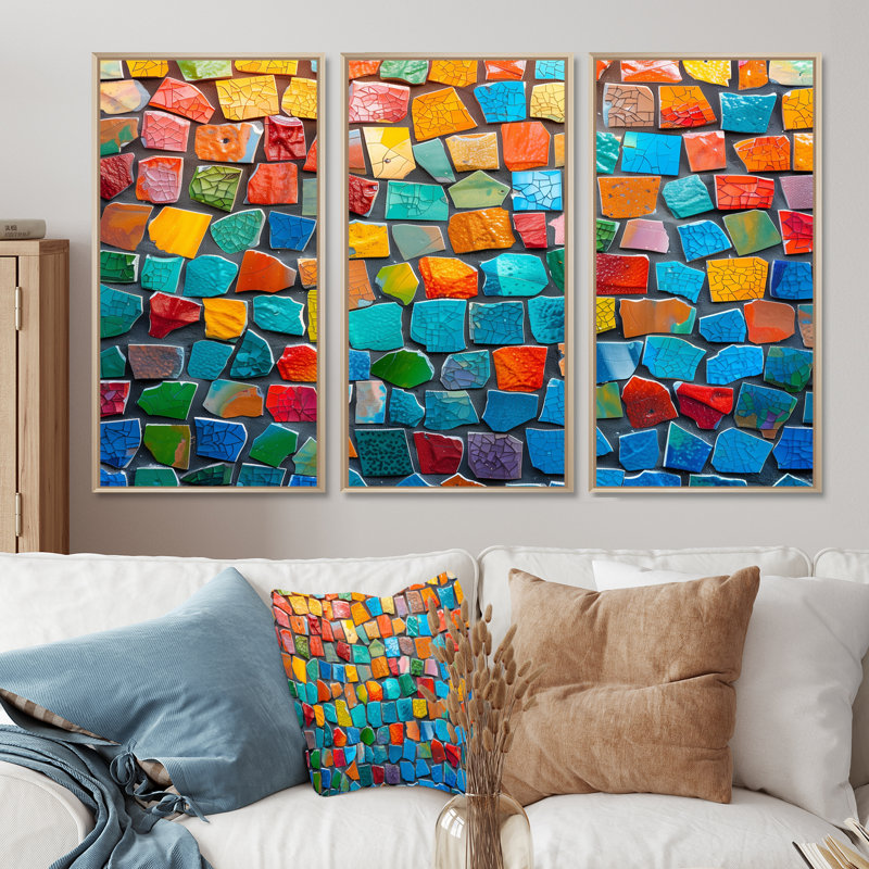 Alexei - Ensemble d'art mural mosaïque Boho, Toile naturelle avec cadre flottant, H 32 po x l 48 po x P 1 po