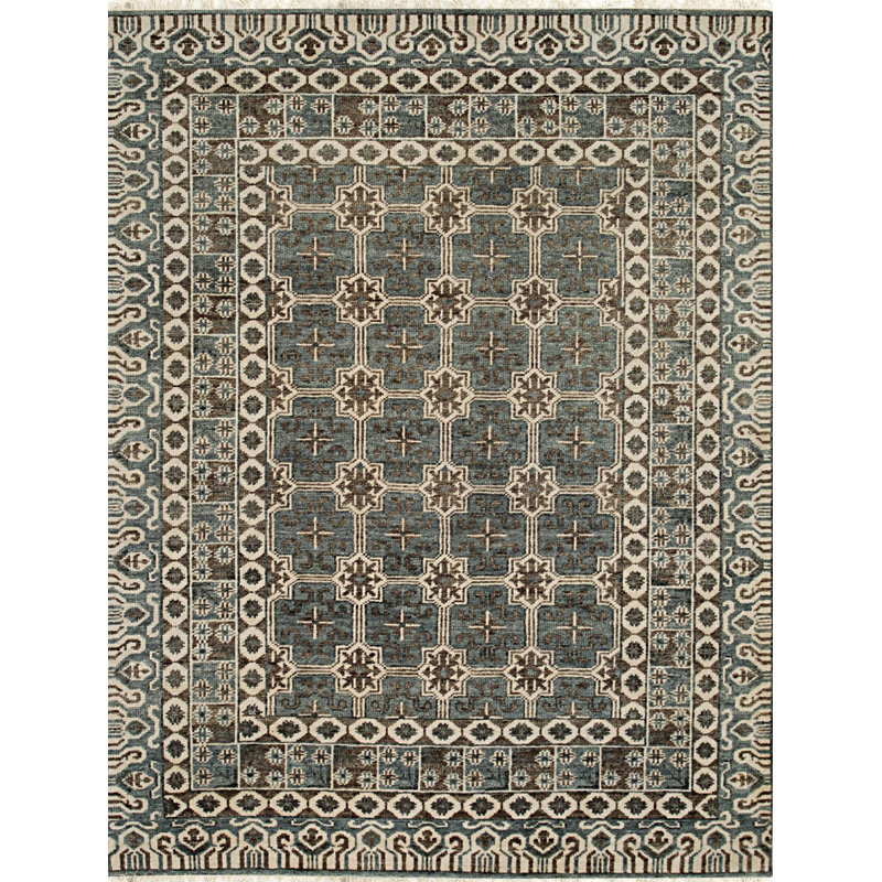 Gray Hand-Knotted Wool Trellis Starburst Geometric Modern Contemporary Carpet Rug, 9' x 12'