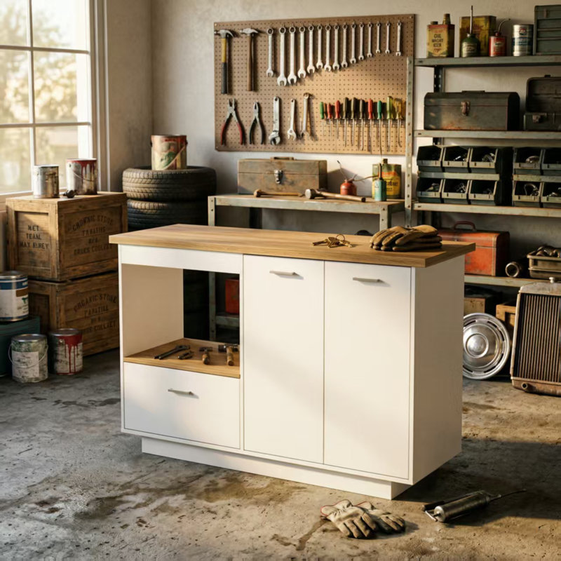 Table de bricolage avec plateau de table extensible, rangement ouvert et tiroir