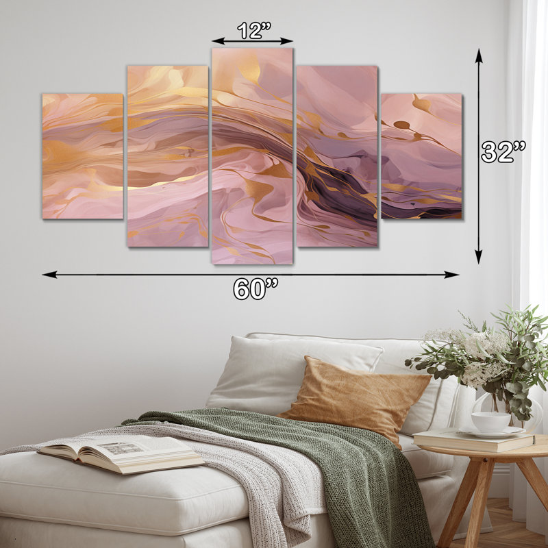 «Tender Liquide Vintage Pink Gold Waves», reproduction d'art abstraite, 5 panneaux