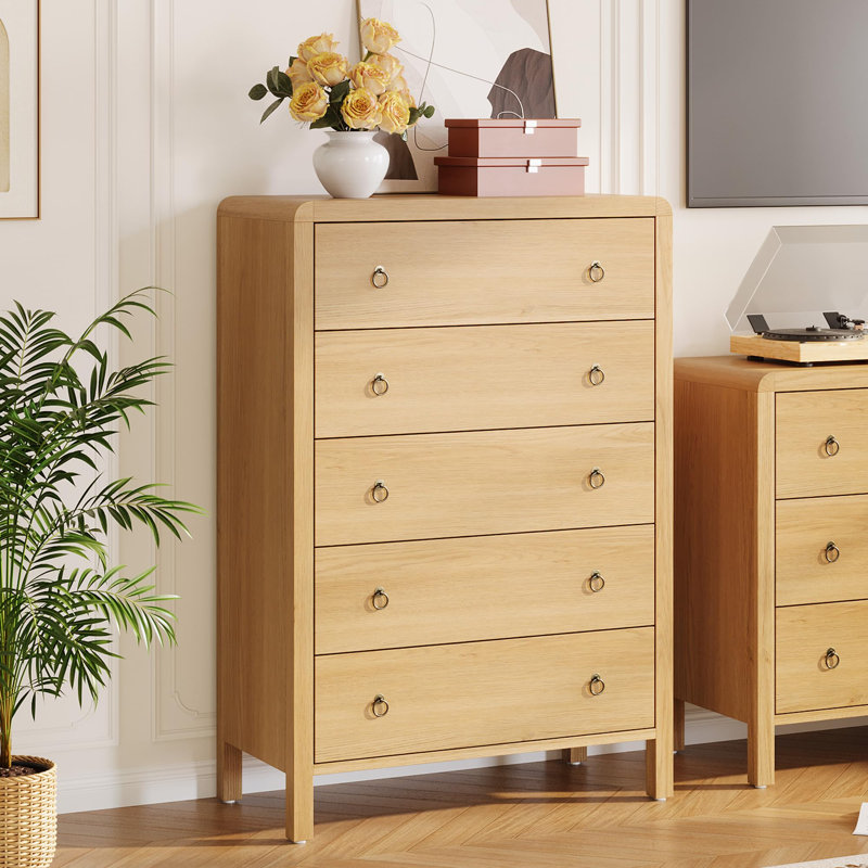 Commode 5 tiroirs, commode commode moderne, commode avec rangement en bois, Naturel