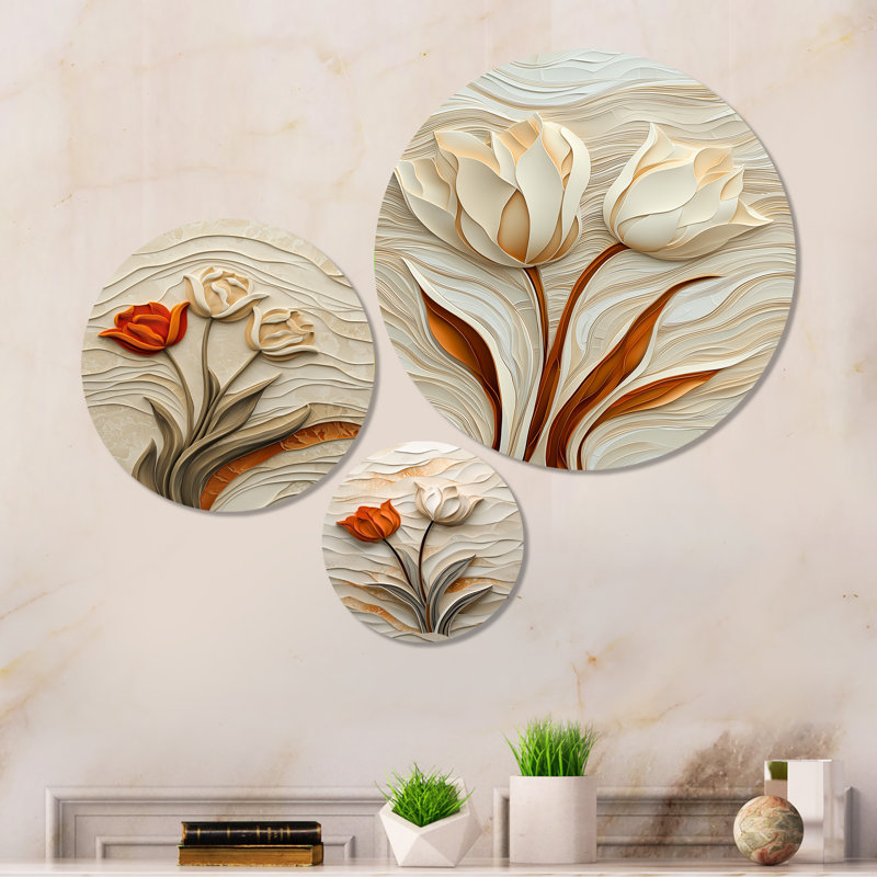 Sérénade dansante beige et rouge - Tulipes, ensemble de 3 impressions murales en métal