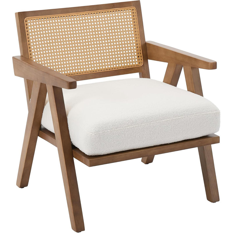 Mid-Century Farmhouse Accent Chair - Wood Armchair with Rattan Backrest & Cushion for Living Room, Bedroom - Easy Assembly