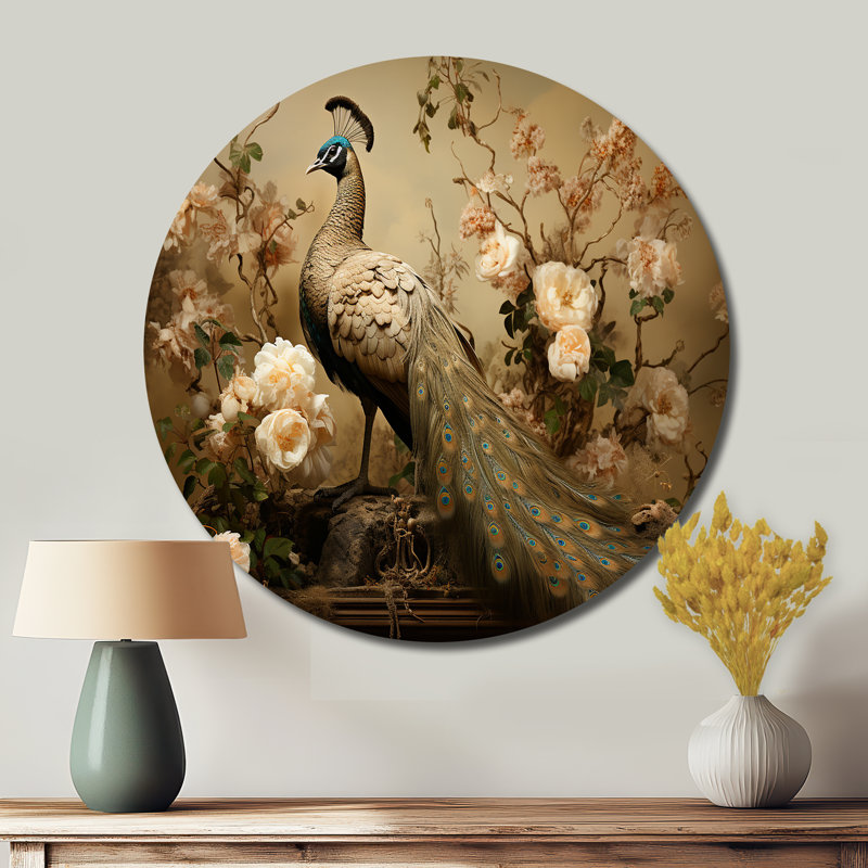Ornement de fleur de paon classique rétro - animaux, art en métal rond, H 23 po x l 23 po