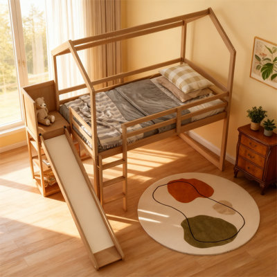 Twin Size House Loft Bed with Slide, Trundle, Lighted Storage Shelves & Built-in Ladder—Wood Kids Bed with Playhouse Design