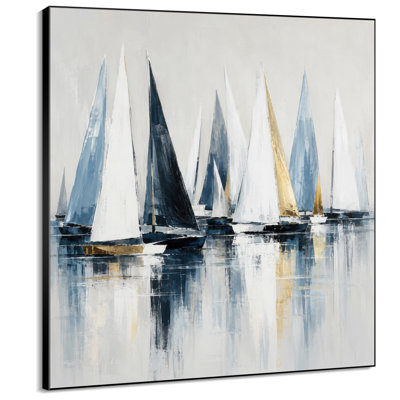 Impression sur tissu grand format - Motif de voiliers bleu marine, blanc et or, style côtier, pour salon ou chambre à coucher. « Assemblage du cadre requis (cadre non fini) »