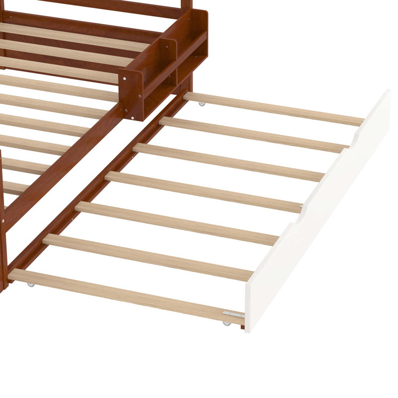 Twin Size Wood Platform Bed With Sample Bookshelf And Movable Wardrobe, Multifunctional Bed With Built-In Trundle Bed, Walnut