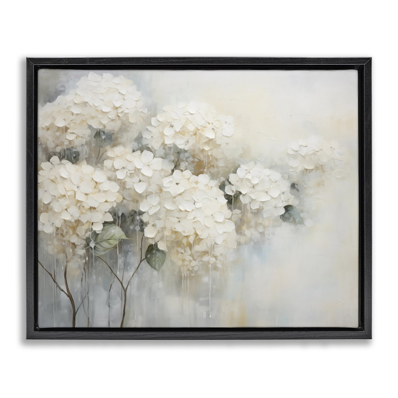 Subtle Fading White Hydrangeas Floating Frame, design by Arlington Prints, 17" H x 21" W, Black