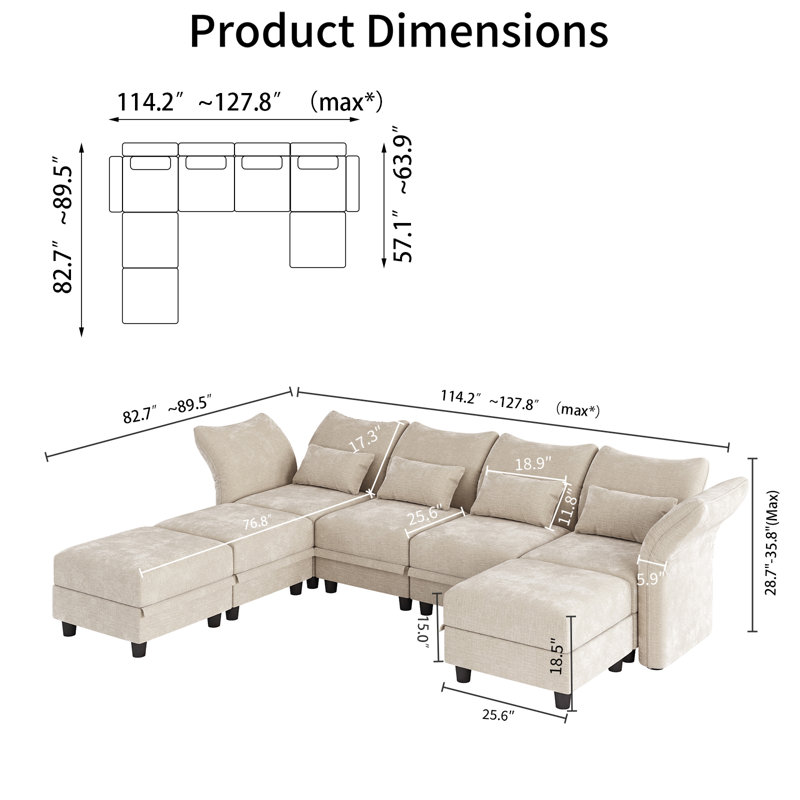 Harlaii 102'' 7 - Piece With Storage, Ivory Velvet